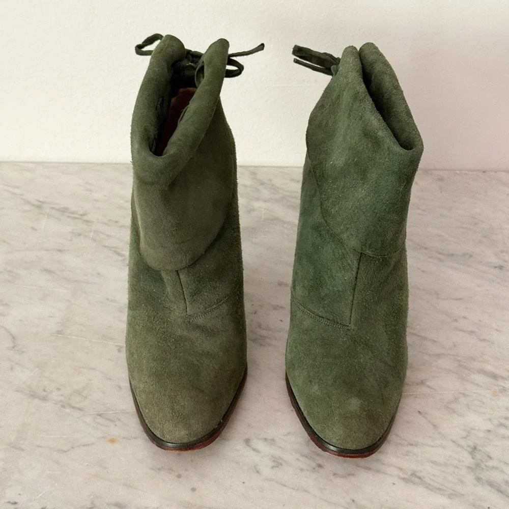 Christian Dior Vintage Ankle Boots Suede Fold Over Cuff 7.5 Olive Green Tie Back